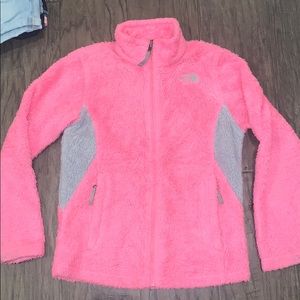 pink fuzzy north face jacket